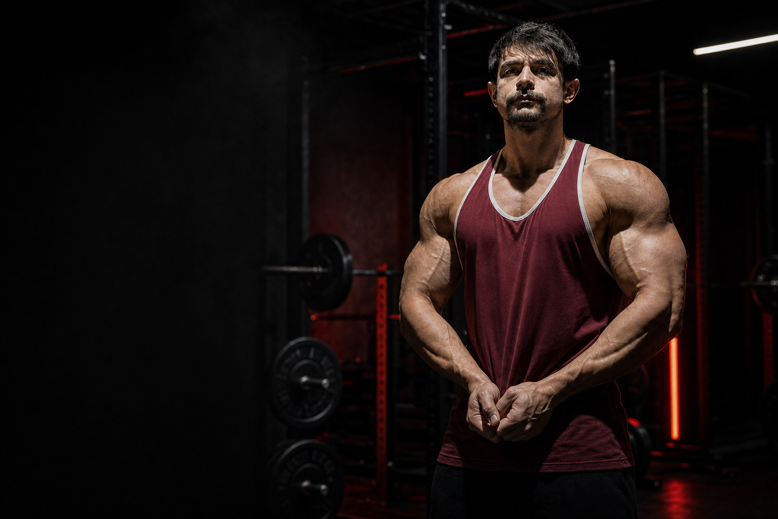 Karanlık spor salonunda kişisel antrenör pozu